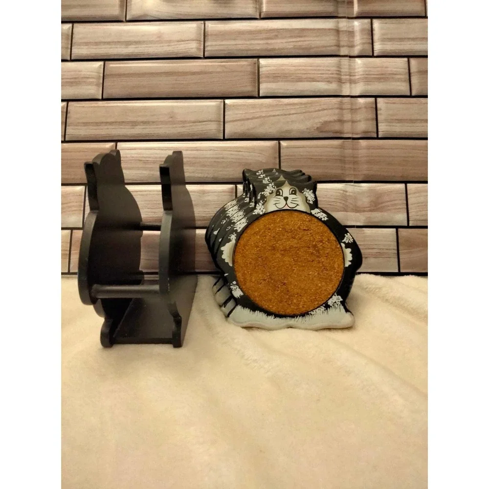 Smiling Cat Wood Coasters- 4 with holder-5